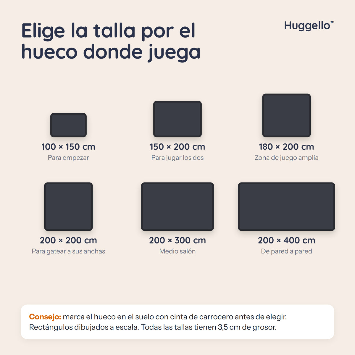 Las seis tallas de Huggello dibujadas a escala, de 100x150 a 200x400 cm